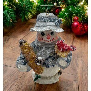 Vintage Snowman Christmas Ornament Holding Red Cardinal Bird Blue Hat & Scarf